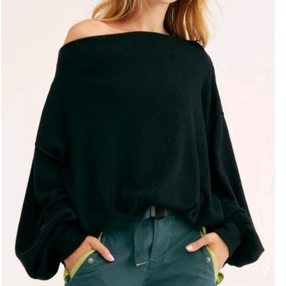 Free People We the Free Black Main Squeeze Hacci Sweater Ribbed Loose Fit Large - Picture 1 of 13